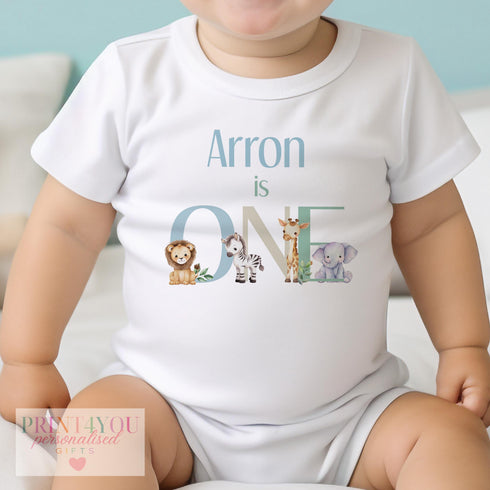 Personalised 1st Birthday Baby Grow, Safari Animal Baby Boy Vest, Jungle Theme ONE Bodysuit, Custom Name Outfit, Blue First Birthday Gift
