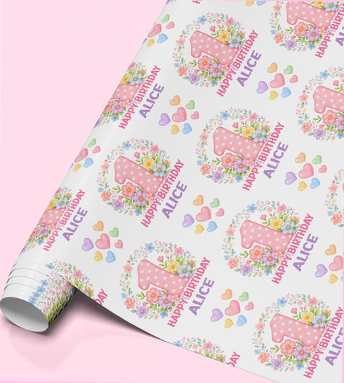 Personalised floral number birthday wrapping paper featuring a pink floral number, custom name, colourful flowers and pastel hearts for girls.