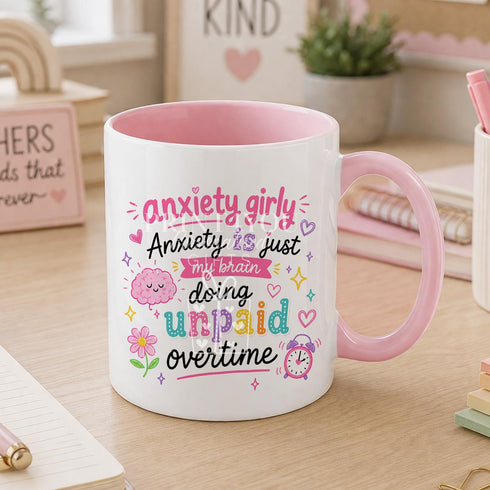 Funny Anxiety Mug – Pink Coffee Mug – Mental Health Gift for Overthinking Lovers - Full white mug