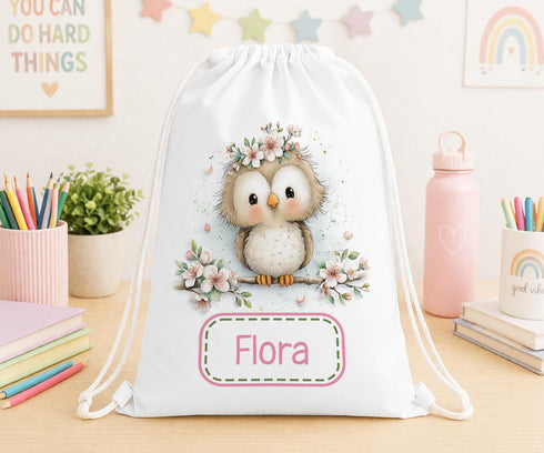 Personalised Owl Bag – Custom Name Drawstring Girls School Gym Bag with Floral Design