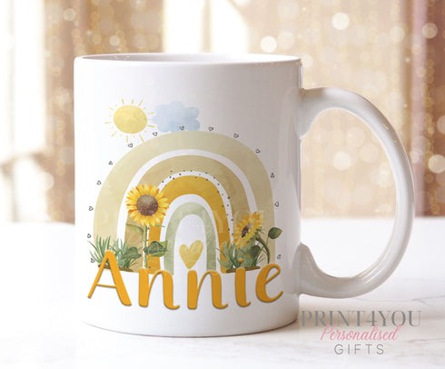 Personalised Gift Mug – Unique Sunflower Rainbow Design – Ceramic Coffee Mug