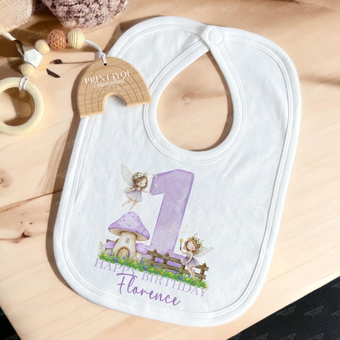 Personalised Purple Fairy First Birthday T-shirt Sleepsuit Vest or Bib for Baby Girl
