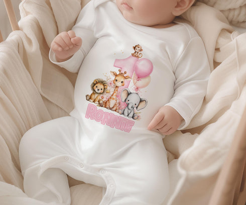Girls 1st Birthday Pyjamas – Personalised Pink Safari Animals Pyjama Set - Vest