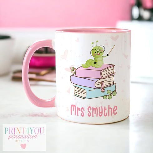 Personalised Teacher Mug - End of Year Thank You Gift - Pink or White Ceramic Cup, Books and Caterpillar