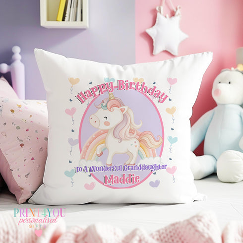 Unicorn Birthday Cushion - Personalised Name Pillow with Pastel Rainbow & Heart Balloon Design