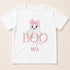 A white t-shirt with a graphic design featuring a ghost character wearing a pink bow and the text "BOO tful MIA" printed on it.