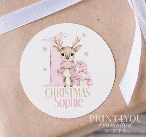Personalised Christmas Stickers, Pink Reindeer 1st Gift Xmas Labels,White Gloss 5cm Stickers, Perfect for Xmas Party Bags & Gift Wrapping