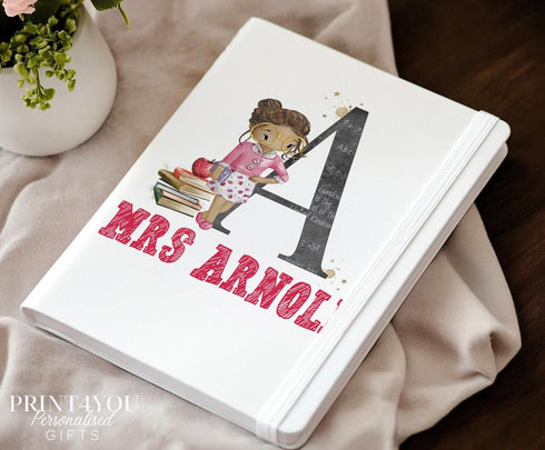 Personalised Teacher Gift A5 White PU Leather Notebook - Thank you teacher gifts, Monogram Letter and character