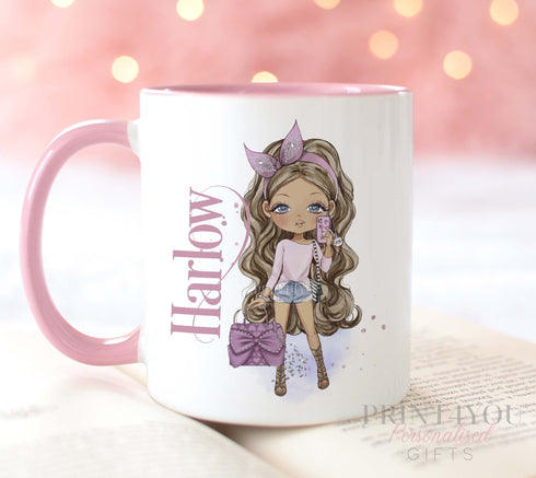 Designer Fashion Girls Personalised Gift White Mug, Pink coloured trim, Hair and Skin Variations