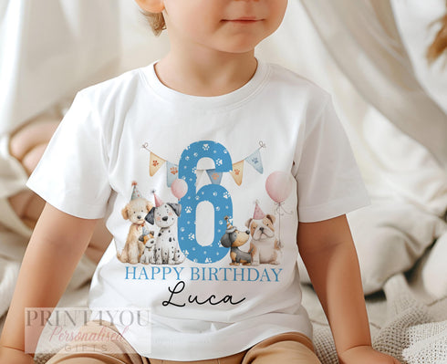 Personalised dog birthday boy t-shirt with blue number design, cute puppy party shirt with custom age 1-9 and name