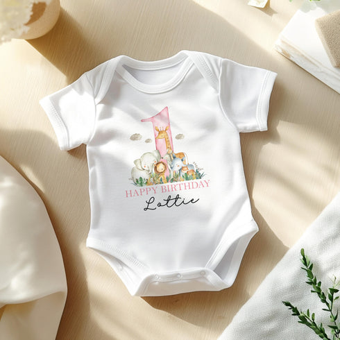 Personalised Safari First Birthday T-shirt, Sleepsuit, Vest or Bib, Pink Text