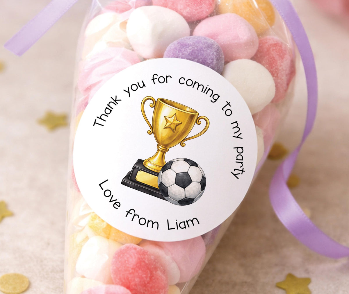 Sheet of personalised football-themed party stickers with a football design and custom name