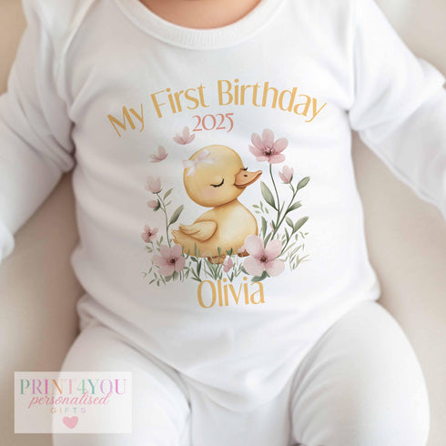 Personalised Pink Duck Outfit Set for Girls - First Birthday T-shirt Sleepsuit Vest