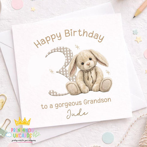 Personalised Birthday Card – Cute Beige Bunny, Custom Name & Age for Kids - Front Only
