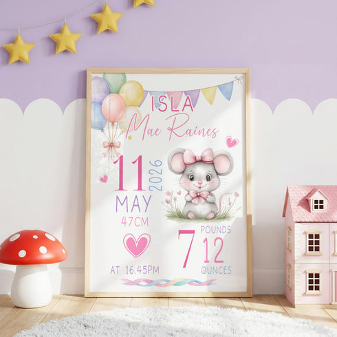 Personalised Baby Poster - Custom Baby Print | Mouse Nursery Decor | Birth Stats Print A3 A2 A1