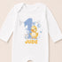 A white onesie with a cartoon image of a yellow duck and the text "JUDE" printed on it.