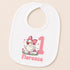 A white bib with a cartoon image of a duck wearing a pink bow and the name "Florence" printed on it.
