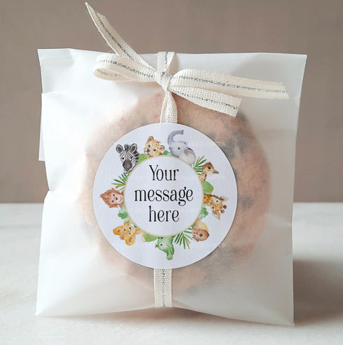 Personalised Jungle Safari Frame Stickers - ideal for party bags, sweet cones and presents. 5cm High Gloss Waterproof