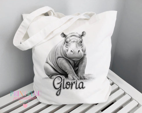 Personalised Hippo Sketch Tote Bag 100 Cotton Reusable Shopping Bag Gift for Girls with Black White Animal Designs