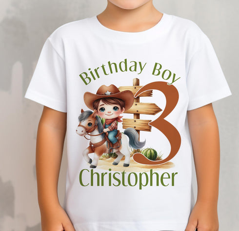 Personalised Cowboy Birthday T-Shirt - Custom Name Cotton Party Tee For Kids