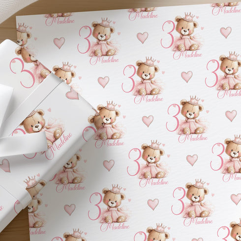 Personalised Teddy Bear Wrapping - Custom Name & Age Pink Birthday Gift Wrap