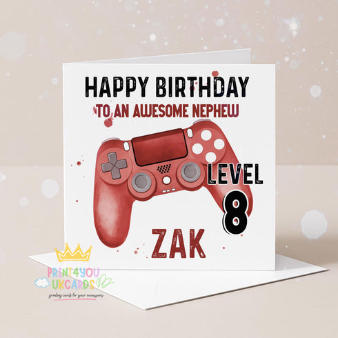 Personalised Birthday Card – Red Gamer Controller Design – Custom Name, Age & Relation - Front Only