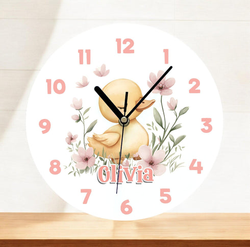Personalised Acrylic Clock for New Baby Yellow Duck Flowers Perfect Nursery Decor for Baby Girl 24.5cm