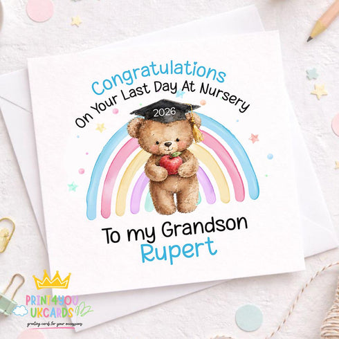 Personalised nursery leavers card for grandson with teddy bear graduation hat and rainbow, last day nursery card blue design with name