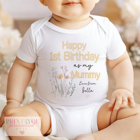 Happy 1st Birthday Mummy, Floral Baby Vest Sleepsuit, Personalised Gift from Baby Girl, First Birthday as My Mummy Outfit, Custom T-Shirt