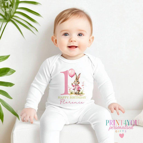 Personalised 1st Birthday Outfit – Soft Cotton Sleepsuit, Vest, Bib & T – Shirt Pink