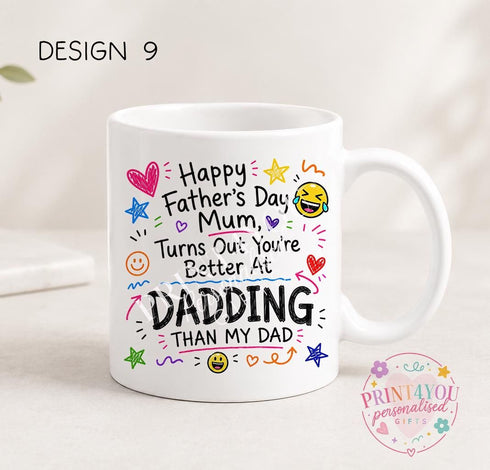 A white ceramic mug with a colorful design featuring text and illustrations related to Father's Day.