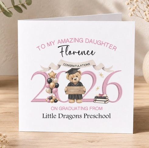 The image is a personalized graduation card for a daughter named Florence, congratulating her on graduating from Little Dragons Preschool.