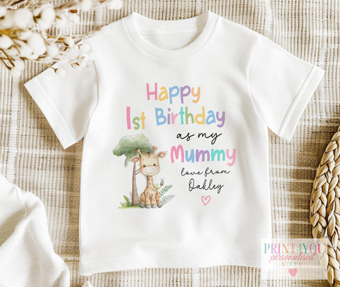 Happy 1st Birthday Mummy, First Birthday as My Mummy, Gift from Baby, Pastel Safari Giraffe, Baby Vest Sleepsuit Bodysuit T-Shirt Bib