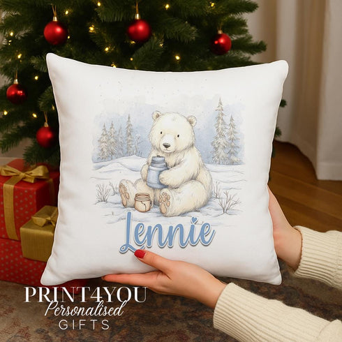 Personalised Polar Bear Cushion – Christmas Cushion with Custom Name | Soft Brushed Polyester