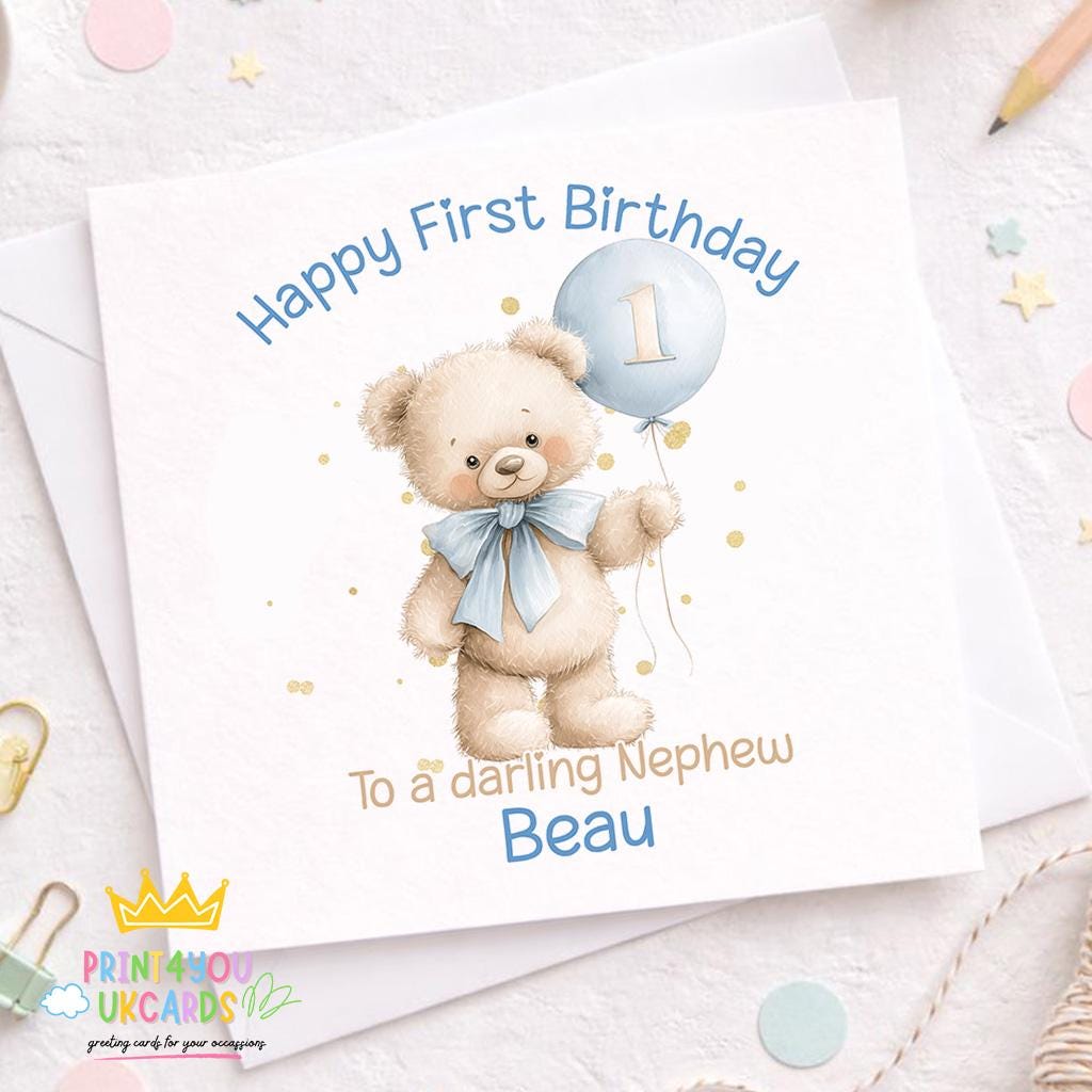 Square 1st birthday keepsake card shown in a teddy bear and blue balloon design