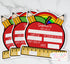 The image is a collage of three stickers, each depicting a red apple with a pencil and a rainbow, along with text that reads "Sophie's First Day of School".