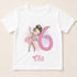 A white t-shirt with a cartoon image of a young girl in a pink tutu and ballet slippers, along with the number 6 and the name "ella" printed on it.