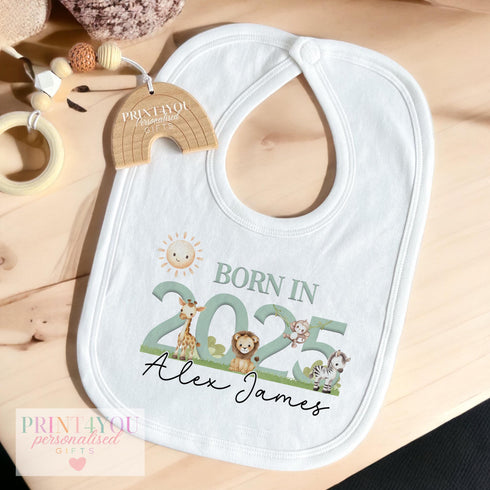 Personalised Baby Sleepsuit "Born in 2025 Safari" t-shirt, vest and bib - Perfect New Baby Gift!