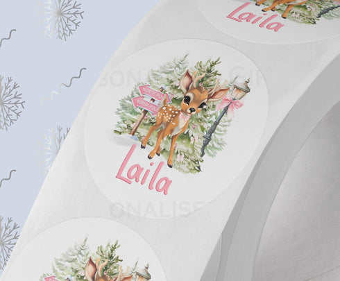 Personalised Xmas Pink Baby Reindeer Sticker| Christmas White Gloss 5cm Stickers | Perfect for Christmas Party Bags, Gift Wrapping.