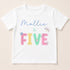A white t-shirt with the text "Mollie is FIVE" printed on it.