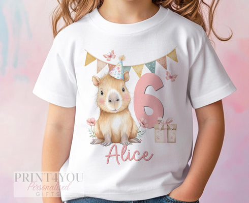 Personalised Capybara Birthday T-Shirt for Girls Cute Animal Party Shirt with Name Age Ages 1-10