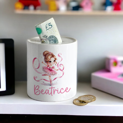 Personalised Ceramic White Money Box Coin Bank - Dancing Ballerina with name