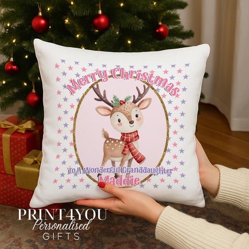 Personalised Reindeer Cushion – Custom Name Christmas Gift for Girls