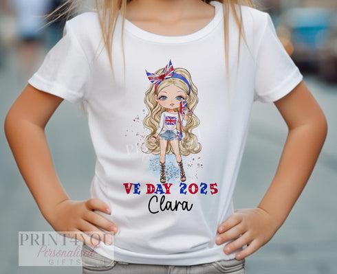 Personalised VE Day 2025 Girls T-Shirt with Custom Name Hair Skin Tone Soft Cotton Union Jack Design Ages 0-12
