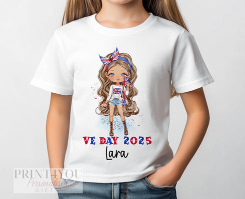 Personalised VE Day 2025 Girls T-Shirt with Custom Name Hair Skin Tone Soft Cotton Union Jack Design Ages 0-12