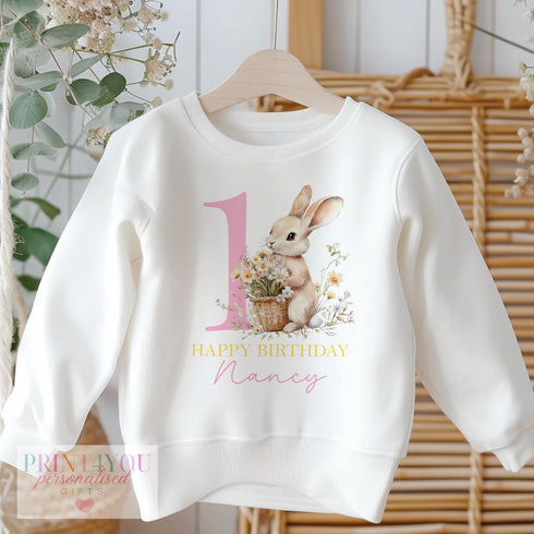 Personalised Floral Bunny First Birthday Jumper for Girls - I Am One Sweatshirt