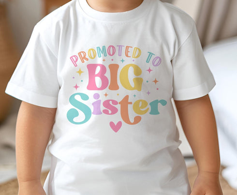 Children's White Cotton T-Shirt -" Promoted to Big Sister" DTG Printed - Pastel Colour Design