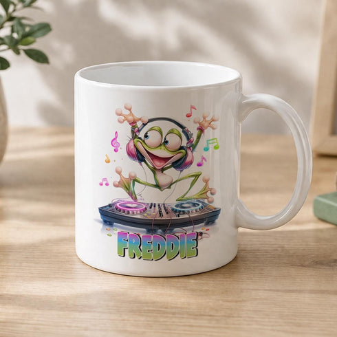 Personalised DJ Frog Mug – Custom Name Kids Music Mug With Glossy Finish & Comfortable Handle
