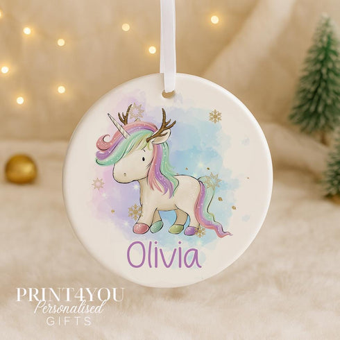 Personalised Unicorn Reindeer Christmas Bauble | 7.5cm Ceramic Ornament