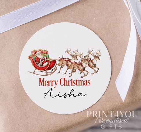 Personalised Christmas Stickers, Santa Sleigh Gift Labels, Christmas White Gloss 5cm Stickers, Perfect for Xmas Party Bags & Gift Wrapping